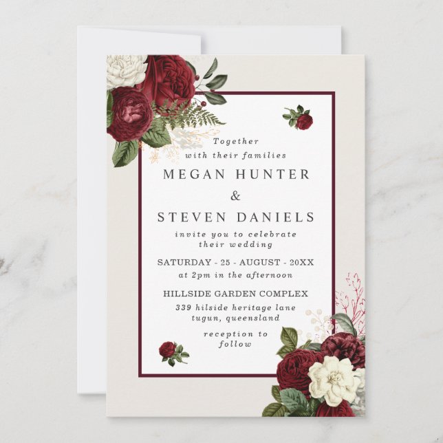 Romantic Burgundy Red Flowers Elegant Wedding Invitation (Front)
