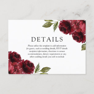 Romantic Burgundy Red Flowers Wedding Details Enclosure Card