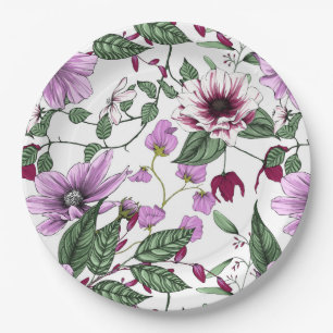 Romantic burgundy red peony flowers greenery poppy paper plate