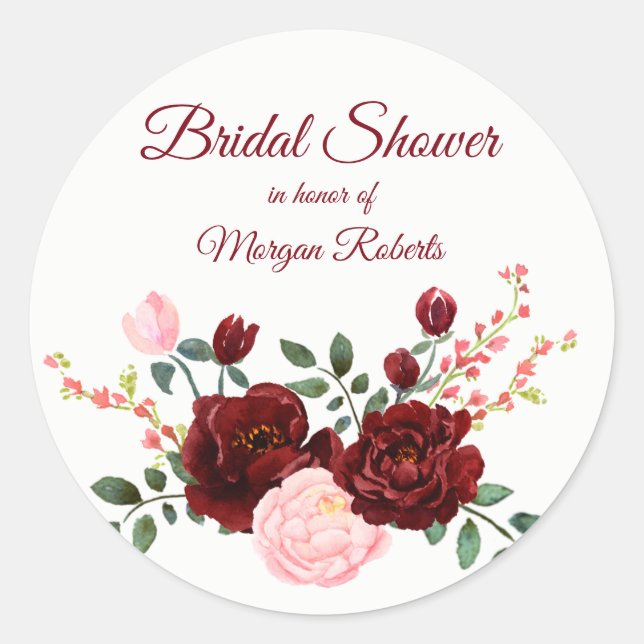 Romantic burgundy red pink rose Bridal Shower Classic Round Sticker (Front)