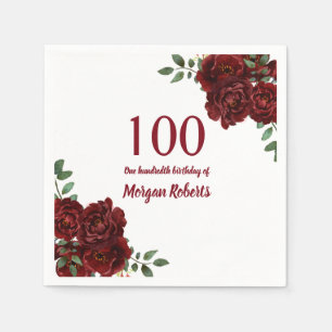 Romantic Burgundy Red Rose 100th Birthday Party Napkin