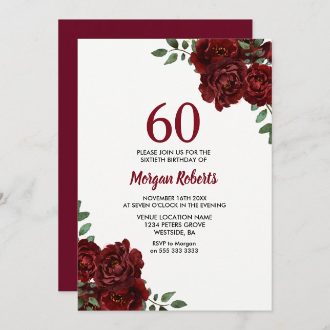 Romantic Burgundy Red Rose 60th Birthday Invite (Front/Back)