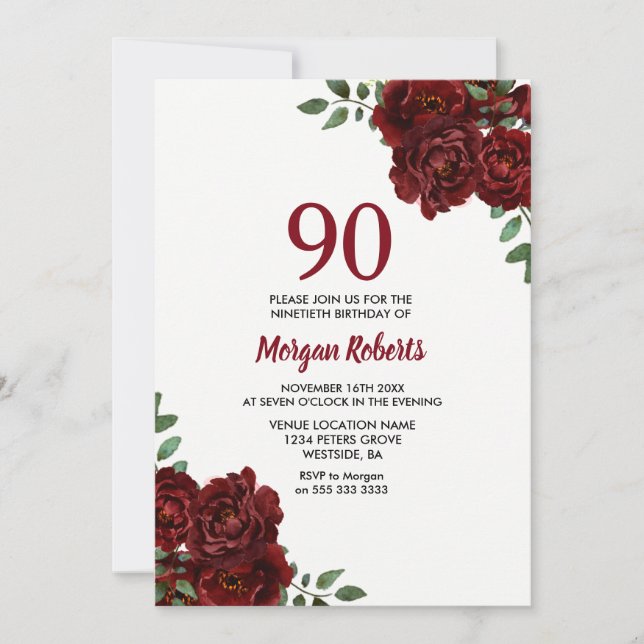 Romantic Burgundy Red Rose 90th Birthday Invite (Front)