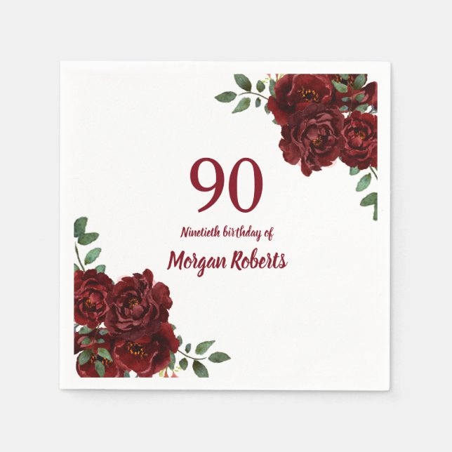 Romantic Burgundy Red Rose 90th Birthday Party Napkin (Front)
