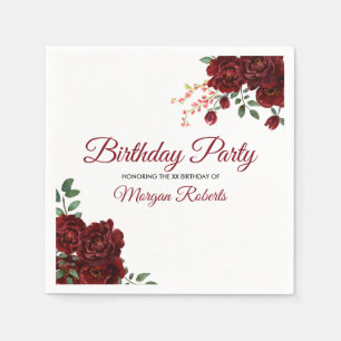 Romantic Burgundy Red Rose Birthday Party Napkin