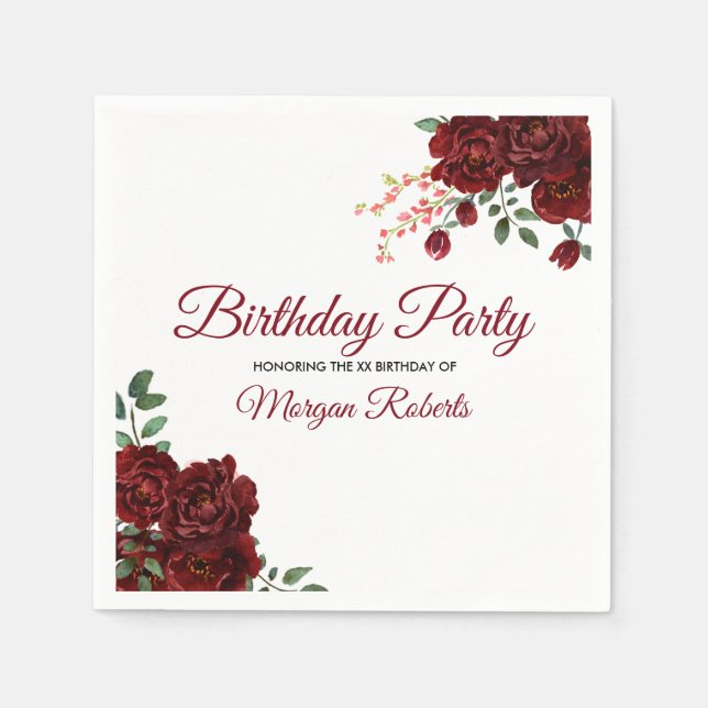 Romantic Burgundy Red Rose Birthday Party Napkin (Front)