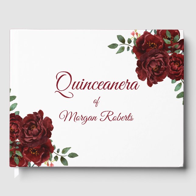 Romantic Burgundy Red Rose Quinceanera Guestbook (Front)