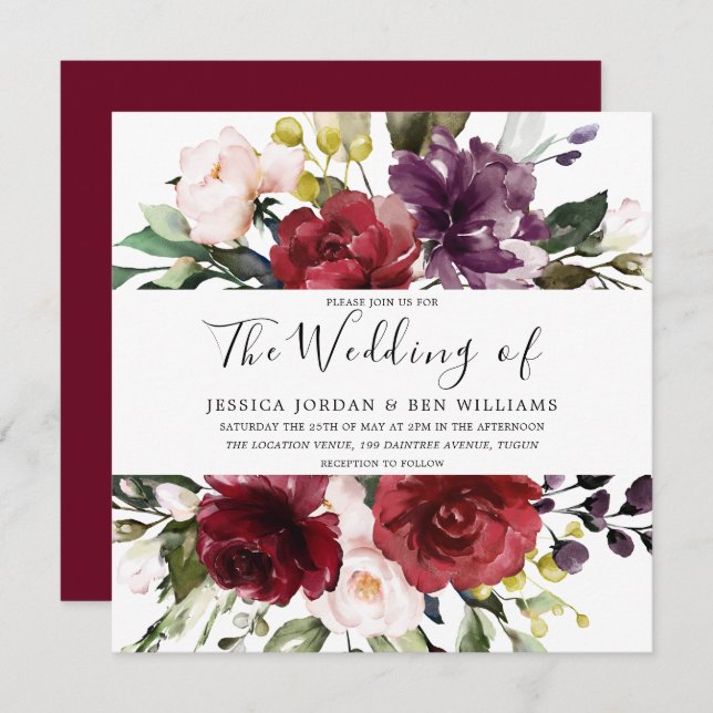 Romantic Burgundy Red Rose Watercolor Wedding Invitation (Front/Back)