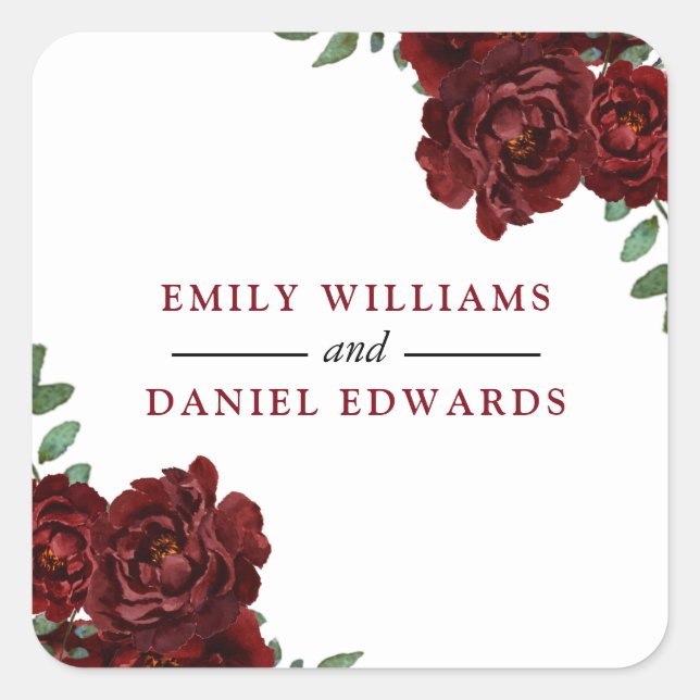 Romantic Burgundy Red Rose Wedding Engagement Square Sticker (Front)