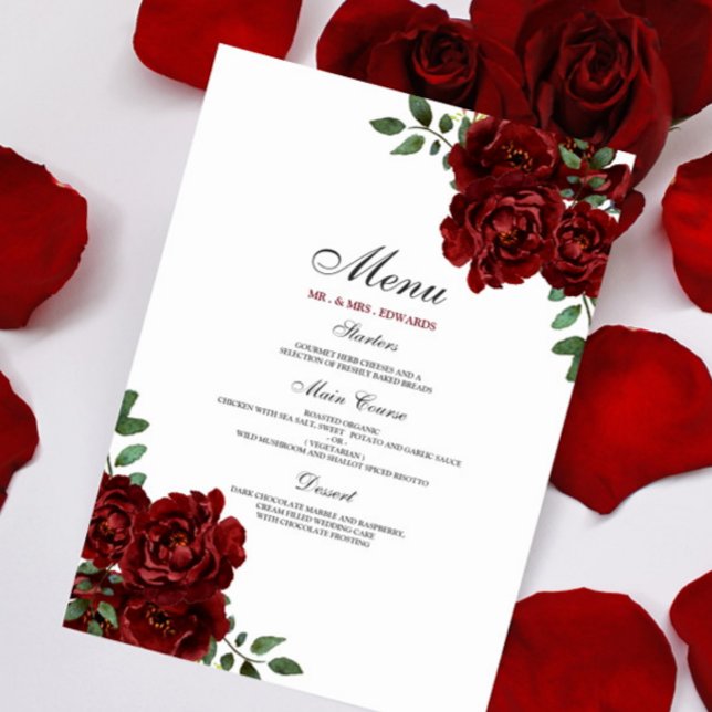 Romantic Burgundy Red Rose Wedding Menu (Creator Uploaded)
