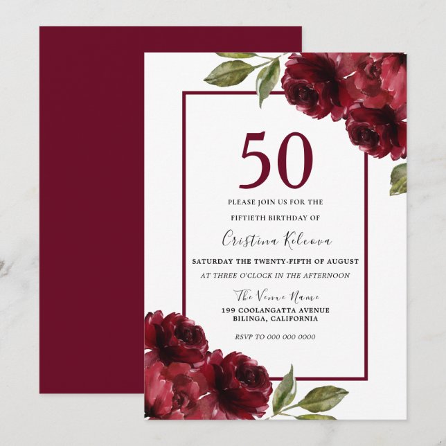 Romantic Burgundy Red Roses 50th Birthday Party Invitation (Front/Back)