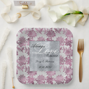 Romantic Burgundy Red Silver Floral Wedding Paper Plate