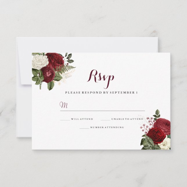 Romantic Burgundy Red White Floral Wedding RSVP (Front)