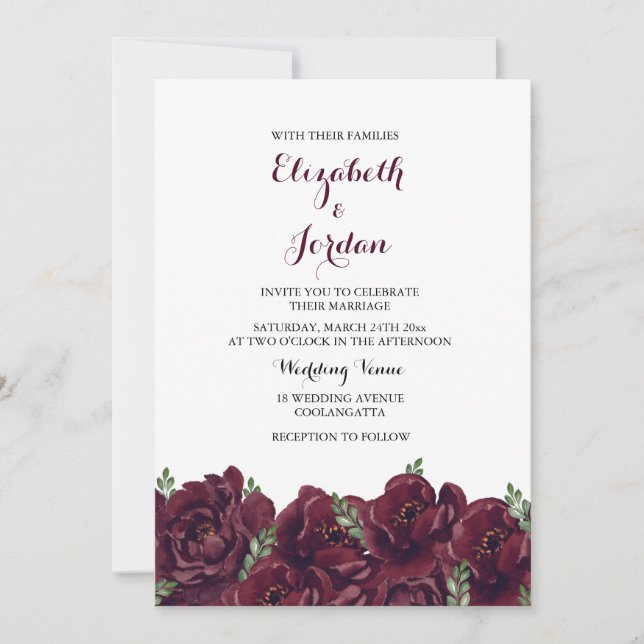 Romantic Burgundy Rose Elegant Wedding Invitation (Front)