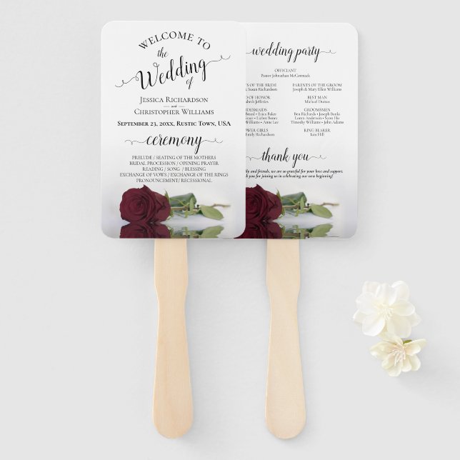 Romantic Burgundy Rose Elegant Wedding Program Hand Fan (Front and Back)