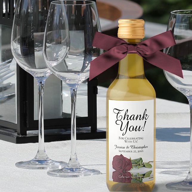 Romantic Burgundy Rose Wedding Thank You Mini Wine Label (Creator Uploaded)