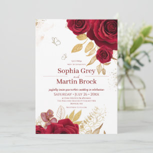 Romantic Burgundy Roses and Gold Rustic Wedding Invitation