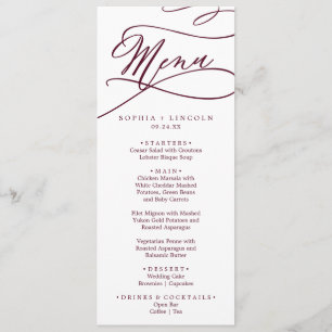 Romantic Burgundy Text Calligraphy Wedding Dinner Menu