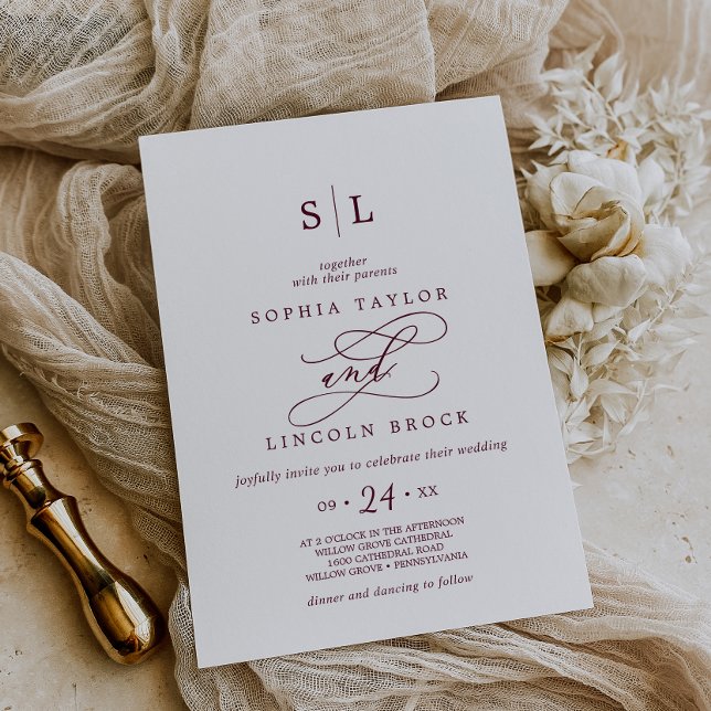 Romantic Burgundy Text Monogram Wedding Invitation (Creator Uploaded)
