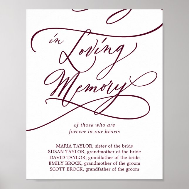 Romantic Burgundy Text Wedding In Loving Memory Poster (Front)