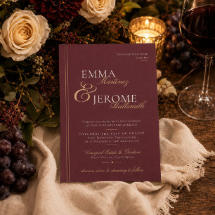 Romantic Burgundy Vineyard Gold Typography Wedding Invitation