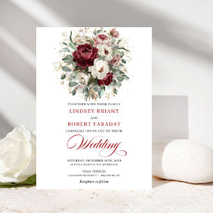 Romantic Burgundy White Floral Eucalyptus Wedding  Invitation