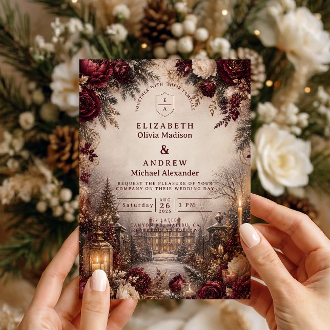 Romantic Burgundy Winter Wedding Invitation (Creator Uploaded)