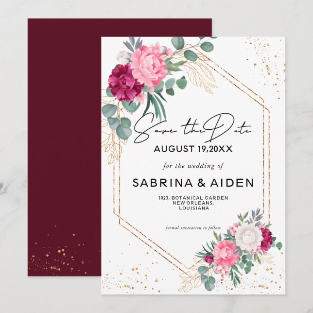 Romantic BurgundyBlush Pink Floral Save The Date  (Front/Back)