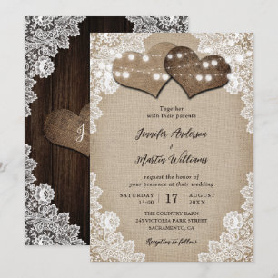 Romantic Burlap and Lace String Lights Wedding Invitation