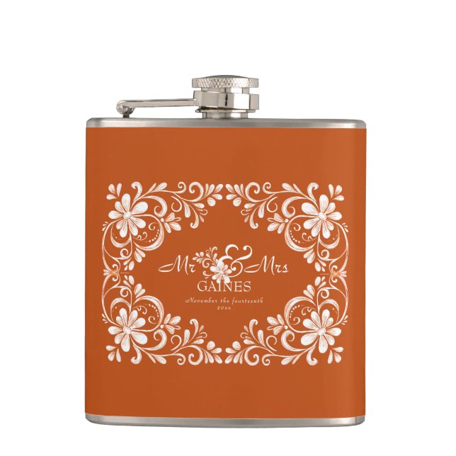Romantic Burnt Orange Mr & Mrs Wedding Flask (Front)