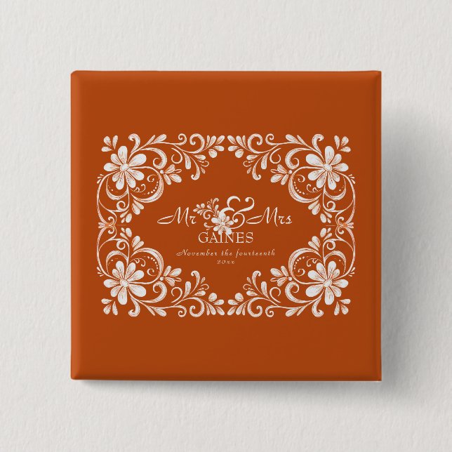 Romantic Burnt Orange Mr & Mrs Wedding Pin Button (Front)