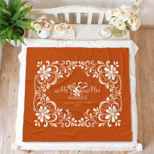 Romantic Burnt Orange Shabby Chic Mr & Mrs Floral  Fleece Blanket