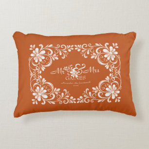 Romantic Burnt Orange Shabby Chic Mr Mrs Wedding Accent Pillow