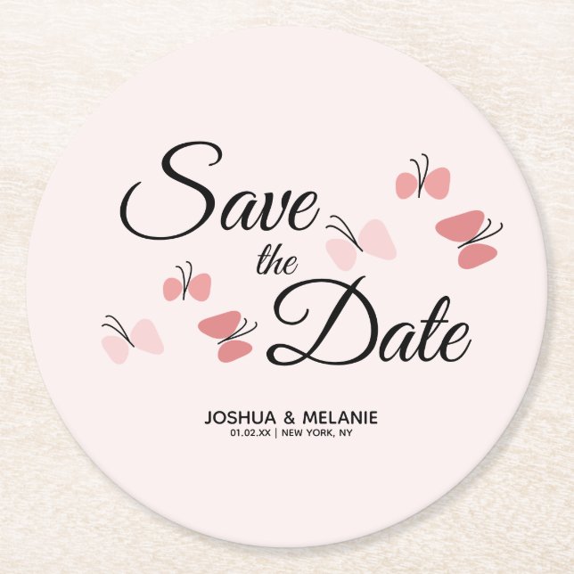Romantic Butterflies Pink Save the Dates   Round Paper Coaster (Front)