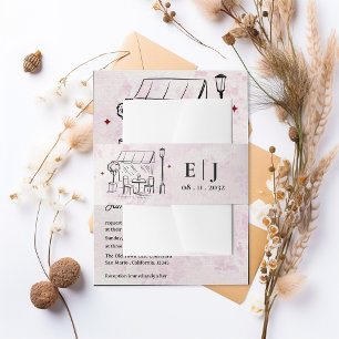 Romantic Café Illustration Monogram Wedding Invitation Belly Band