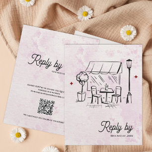 Romantic Café Sketch QR Code Wedding Reply By RSVP Card