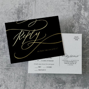 Romantic Calligraphy Black and Gold Foil Meal RSVP Invitation Postcard
