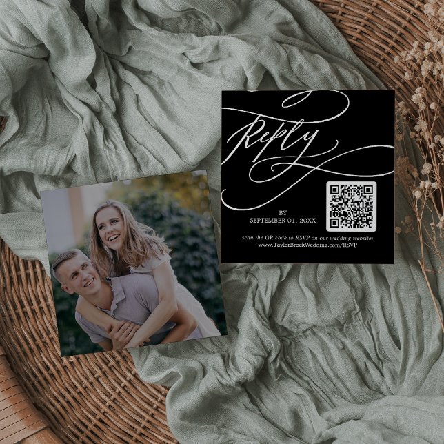 Romantic Calligraphy Dark Photo QR Code RSVP Enclosure Card (Creator Uploaded)