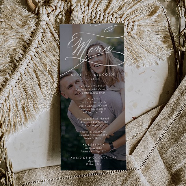 Romantic Calligraphy Dark Photo Wedding Dinner Menu (Creator Uploaded)