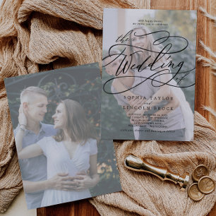 Romantic Calligraphy Faded Photo Flourish Wedding Invitation