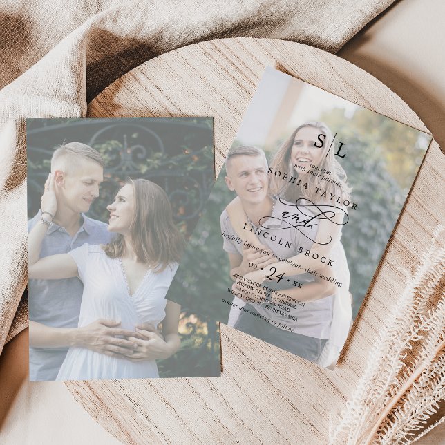 Romantic Calligraphy Faded Photo Monogram Wedding  Invitation (Creator Uploaded)