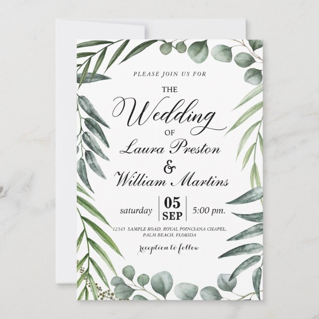 Romantic Calligraphy Greenery Leaves Wedding Invitation (Front)