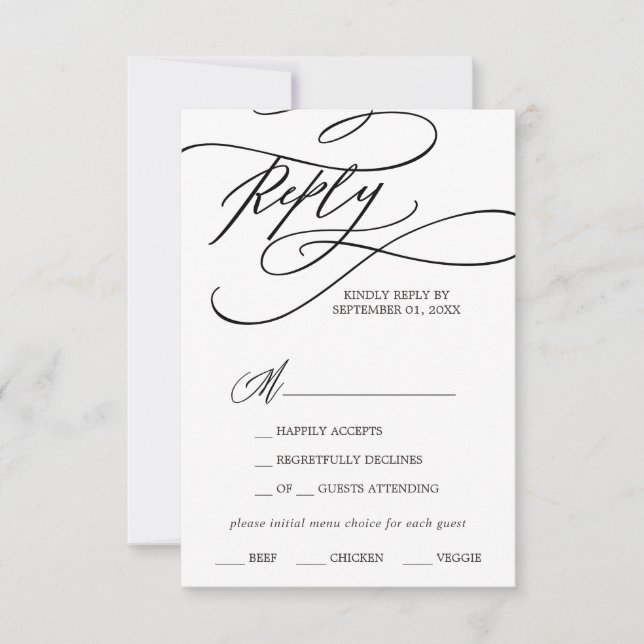 Romantic Calligraphy Menu Choice RSVP Card (Front)