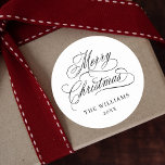 Romantic Calligraphy Merry Christmas Black & White<br><div class="desc">This black and white holiday sticker featuring elegant and romantic swirly calligraphy lettering with your names. For more advanced customization of this design,  please click the BLUE DESIGN TOOL BUTTON above!</div>