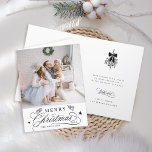 Romantic Calligraphy Merry Christmas Photo Folded Holiday Card<br><div class="desc">EDITABLE BACKGOUND, IMAGE, AND TEXT COLOR | This Christmas photo folded card features elegant and romantic swirly calligraphy lettering, accented with pinecone twigs and stars. It also includes a winter berry holly bouquet and a customizable text message inside. For more advanced customization of this design, please click the BLUE DESIGN...</div>