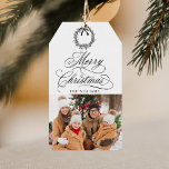 Romantic Calligraphy Merry Christmas Photo Gift Tags<br><div class="desc">This Christmas gift tag features elegant and romantic swirly calligraphy lettering with a photo,  and a simple Christmas tree pattern on the back. For more advanced customization of this design,  please click the BLUE DESIGN TOOL BUTTON above!</div>