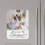 Romantic Calligraphy Merry Christmas Photo Magnet<br><div class="desc">Romantic and elegant holiday photo kitchen magnet.  For more advanced customization of this design,  please click the Customize Further link to change the font,  size,  colour,   etc.</div>