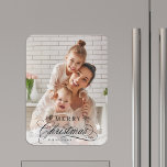 Romantic Calligraphy Merry Christmas Photo Magnet<br><div class="desc">Romantic and elegant holiday photo kitchen magnet.  For more advanced customization of this design,  please click the Customize Further link to change the font,  size,  colour,   etc.</div>