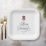 Romantic Calligraphy Merry Christmas Red & Black Paper Plate<br><div class="desc">This Christmas paper plate features elegant and romantic swirly calligraphy lettering,  accented with a winter berry holly bouquet . For more advanced customization of this design,  please click the BLUE DESIGN TOOL BUTTON. Matching items are also available.</div>