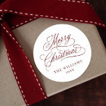 Romantic Calligraphy Merry Christmas Red & White<br><div class="desc">This red and white holiday sticker featuring elegant and romantic swirly calligraphy lettering with your name or business name. For more advanced customization of this design,  please click the BLUE DESIGN TOOL BUTTON above!</div>